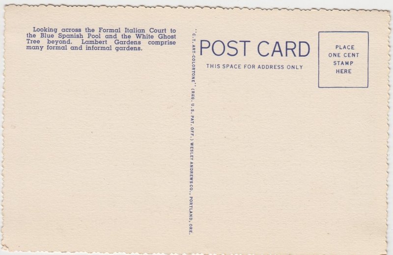 Italian Court Lambert Gardens Portland Oregon OR Postcard Unused