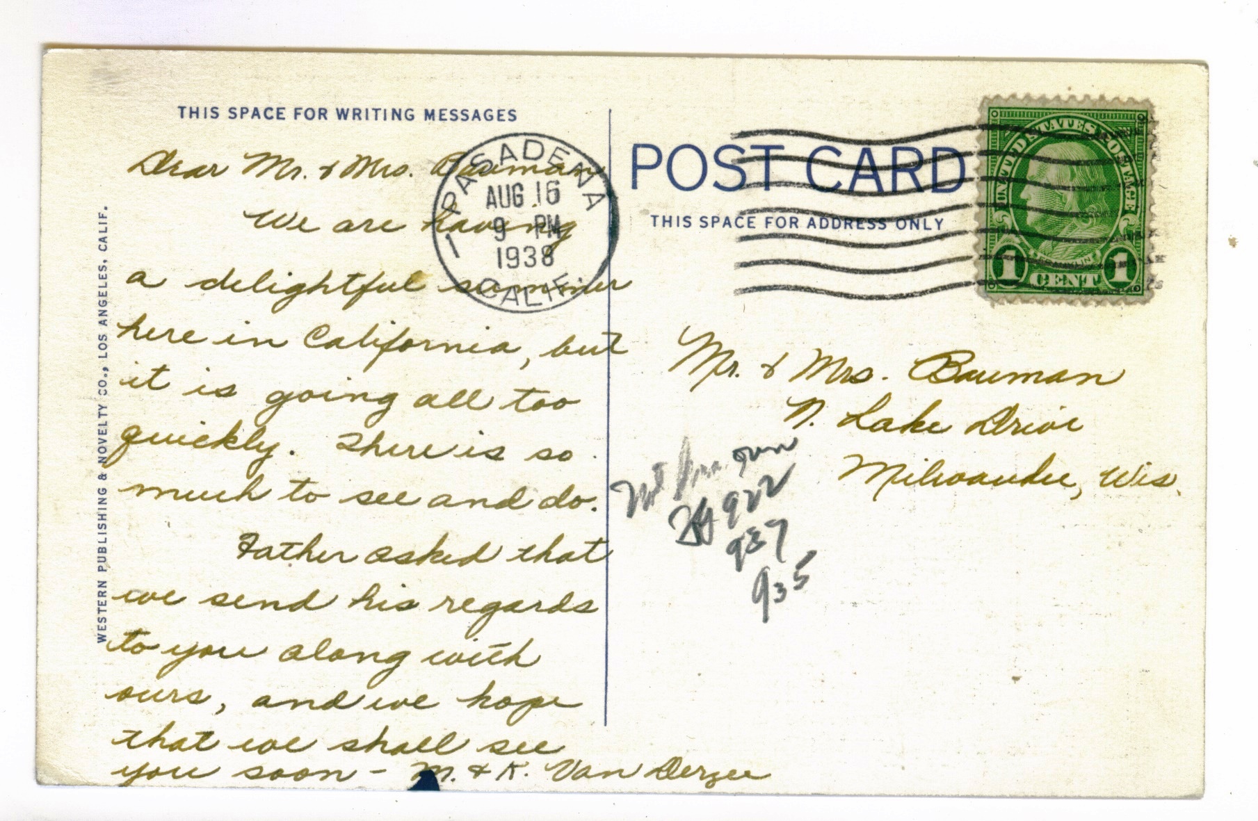 Pasadena, California to Milwaukee, Wisconsin 1938, used Postcard ...