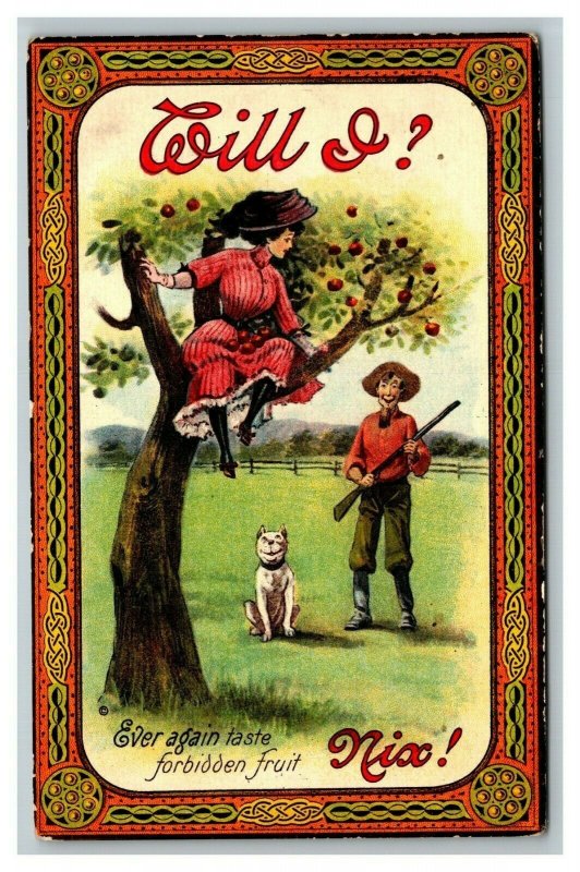 Vintage 1910's Comic Postcard - Man & Dog Chase Beautiful Woman Up Tree