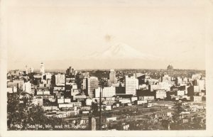 RPPC Bird's Eye View of Seattle WA, Washington - Mount Rainier in Distance