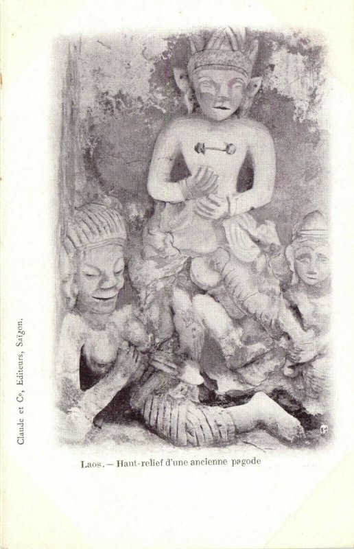 PC CPA LAOS, INDOCHINA, HAUT RELIEF D'UNE PAGODE, (b23410)