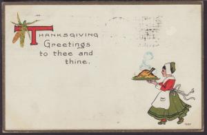 Thanksgiving Greetings,Woman Holding Turkey Postcard