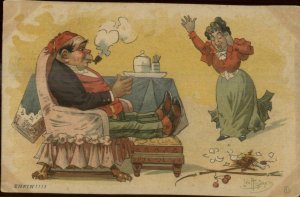 Tobacco - Leo Hingre French Man Smoking Breaking Long Pipe c1910 Postcard #4