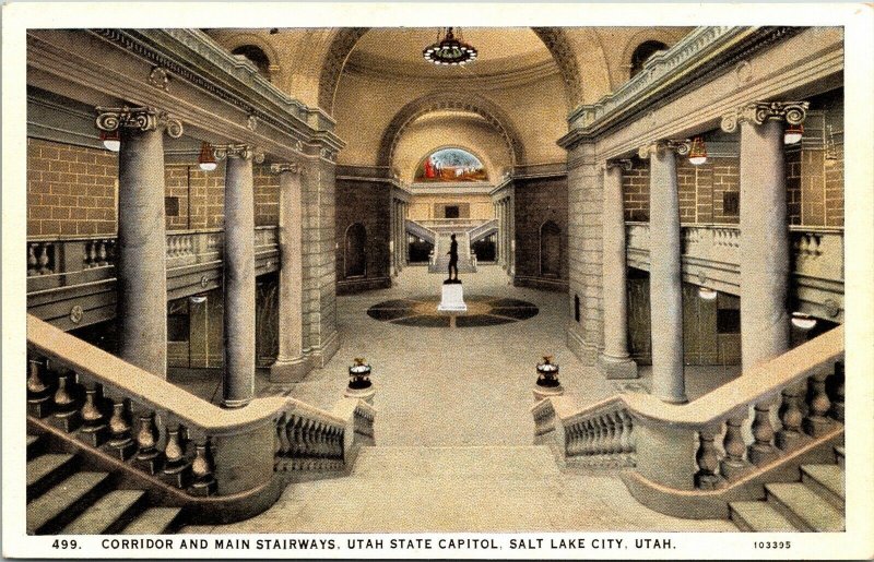 Corridor Main Stairways Utah State Capitol Salt Lake City UT WB Postcard VTG UNP 