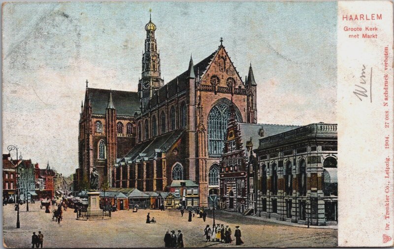 Netherlands Haarlem Grote Kerk Met Markt Vintage Postcard C172