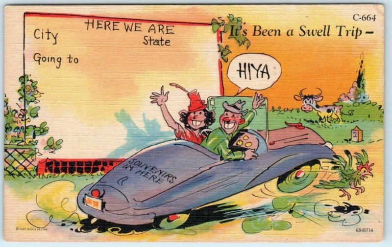 RAY WALTERS Motoring Comic  ca 1940s Linen HERE WE ARE  C-664 Postcard