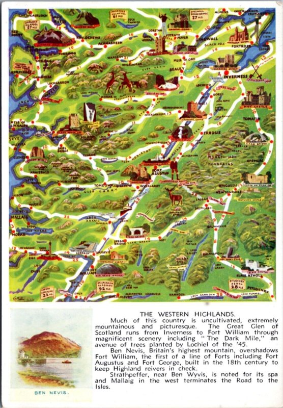 Postcard 1950s Scotland The Western Highlands - map by SMT Magazine