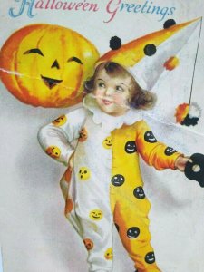 Halloween Postcard Ellen Clapsaddle Wolf Series 31 Lil Girl Clown Vintage RARE