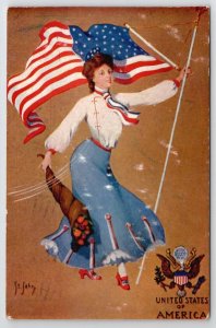 Artist Signed St John Patriotic National Lady Flag & Cornucopia Postcard X29