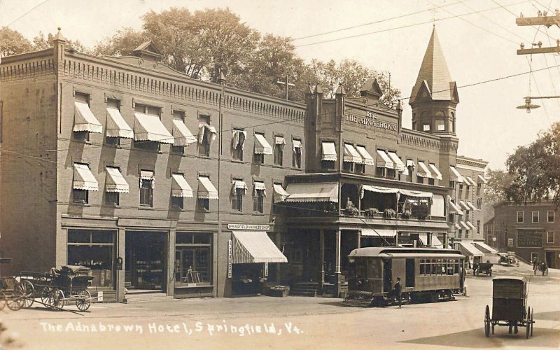 Springfield VT The Adnabrown Hotel Harness Shop Trolley Car Horse & Wagon, RPPC