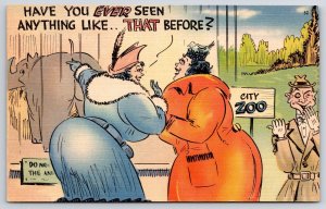 Two Fat Woman Fun Of Big Elephant, City Zoo Funny, Comic, Vintage Postcard