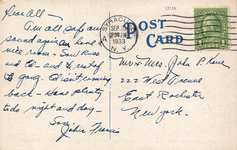 SYRACUSE NEW YORK-STATE FORESTRY COLLEGE-LOT OF 2 1933 PSTMK POSTCARDS