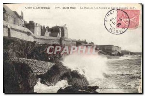 Postcard Old Emerald Coast Saint Malo La Plage de Bon Secours one day Tempete