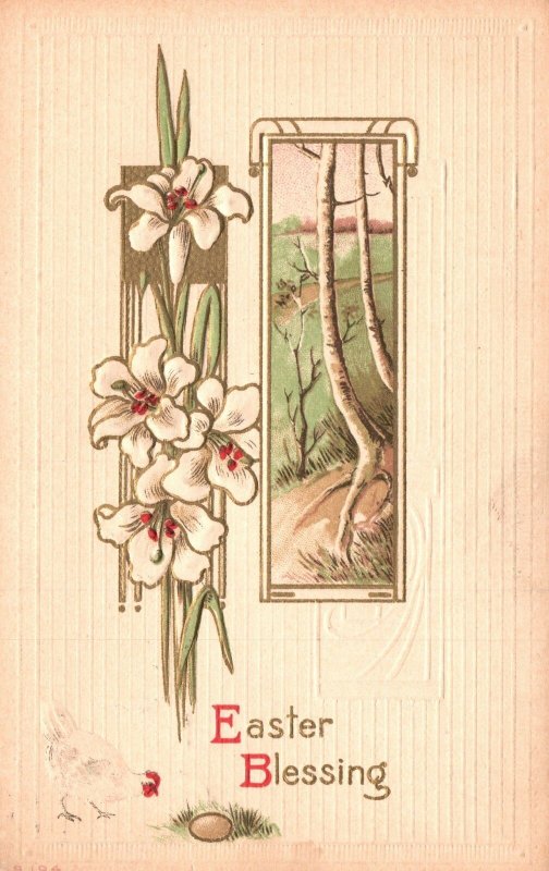 Vintage Postcard Easter Blessing White Flower Landscape Design Holiday Greetings