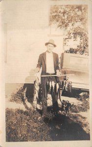 RPPC MAPLE LAKE RICKFORD VERMONT FISHING CATCH & DOG REAL PHOTO POSTCARD c. 1920