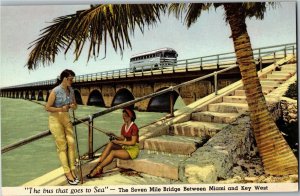 Seven Mile Bridge, Miami to Key West FL Bus Goes to Sea Vintage Postcard D51