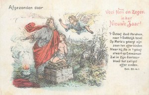 New Year greetings Netherlands Litho 1900`s Abraham sacrifice guardian angel 
