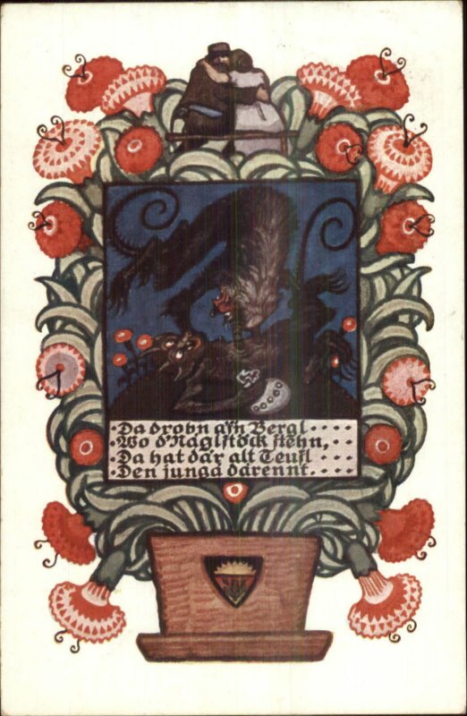 Art Deco Fantasy Plant & Devils Creatures Wrestle c1915 Postcard G19