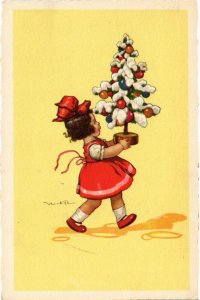 PC ARTIST SIGNED, SGRILLI, GIRL WITH CHRISTMAS TREE, Vintage Postcard (b46298)