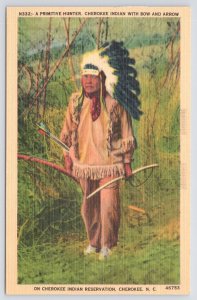 Native Americana Indian~Hunter~Bow & Arrow~Cherokee Reservation NC~Vtg Linen PC