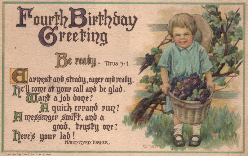 Vintage Postcard 1910's Fourth Happy Birthday Wish Greetings Girl with Berries