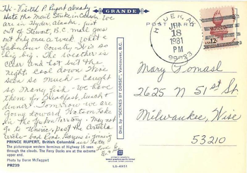 Aerial View Thru Clouds Prince Rupert Canada  Postcard  # 7275