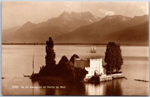 Ile de Salagnon et Dents du Midi Switzerland Island Real Photo RPPC Postcard