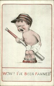 Basebal Comic Little Boy w/ Bat Crying I'VE BEEN FANNED c1910 Postcard