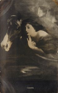 Vintage Postcard Woman Romantically Hugs Horse in the Clouds Ckaeka Russian