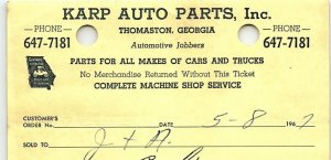 1967 THOMASTON GEORGIA KARP AUTO PARTS MACHINE SHOP INVOICE Z900