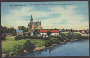 New Hampshire NASHUA View Nashua River showing St. Francis Xavier Church ~ Linen