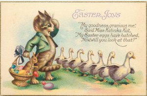 Stecher Easter Postcard Dressed Cat Watches Duck Parade My Eggs Have Hatched
