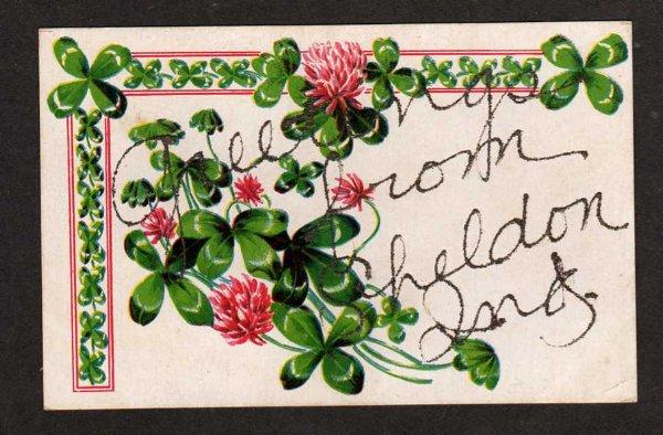 IN Greetings SHELDON INDIANA IND Postcard 4 Leaf Clover