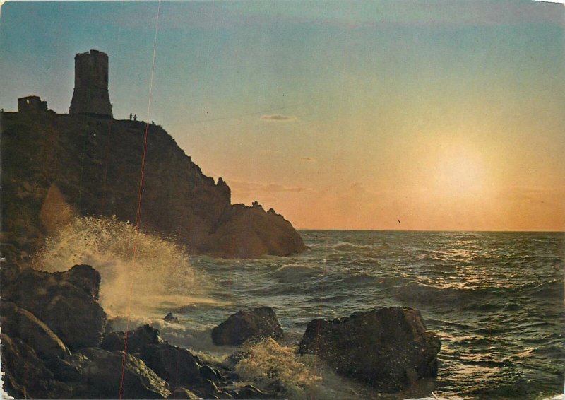 Postcard Italy Bagnara calabra the tuggero tower sunset sea waves ruins