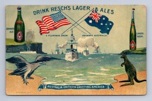 GREAT WHITE FLEET RESCH'S LAGER ALE BEER AD SHIP AUSTRALIA POSTCARD (1908)