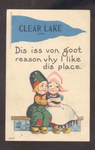 CLEAR LAKE IOWA BLUE PENNANT DUTCH CHILDREN VINTAGE POSTCARD