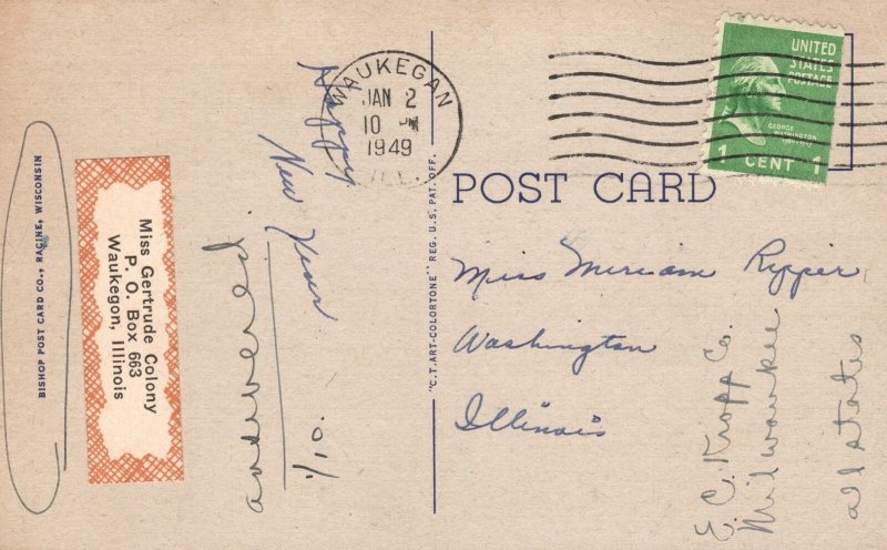 Waukegan IL-Illinois, 1949 Post Office Building Bishop Posted Vintage Postcard