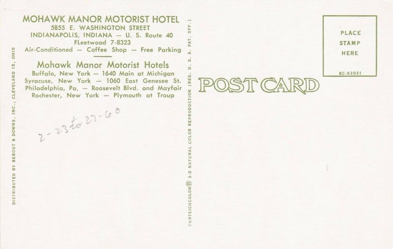 Indiana Indianapolis Mohawk Manor Motorist Hotel sk6379