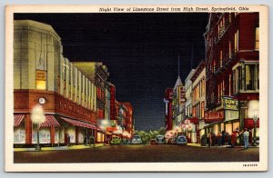 Springfield Ohio~Limestone Street Night~FW Woolworth~Majestic Theatre~1941 Linen 