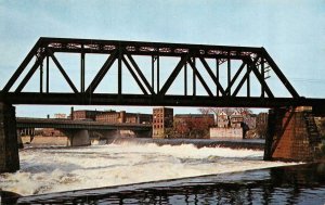 WATERVILLE, Maine ME   RAILROAD BRIDGE~KENNEBEC RIVER~City View Beyond  Postcard