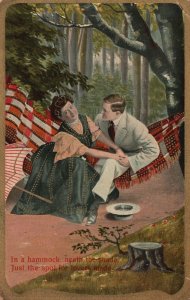 Vintage Postcard 1910's Lovers Couple In Hammock Cuddle Spot For Lovers Made