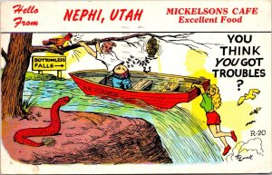 Humor, Boat Going Over Waterfall, Nephi UT Mickelsons Cafe Vintage Postcard S71