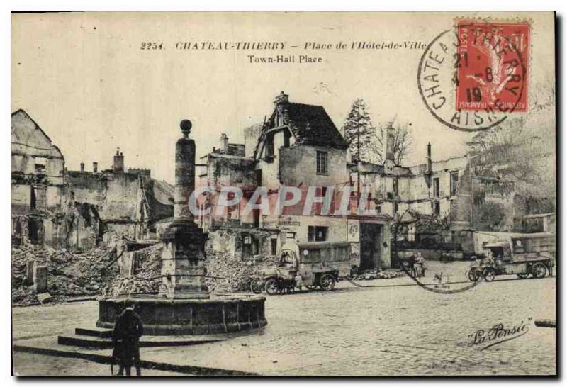 Postcard Old Army Chateau Thierry place of the town hall