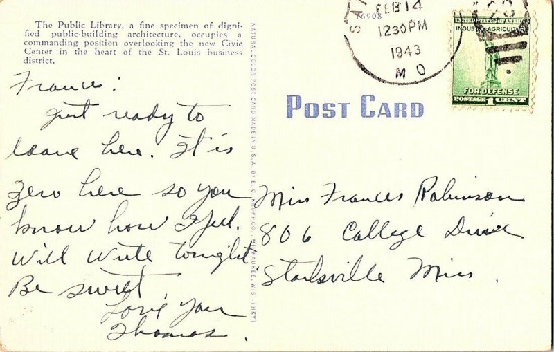 Public Library St. Louis MO Missouri Vintage Postcard Standard View Card 