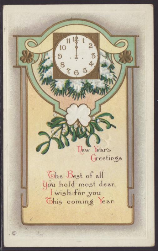 New Year Greetings,Clock,Mistletoe