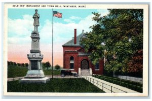 c1930's Soldier's Monument And Town Hall Winthrop Maine ME Vintage Postcard