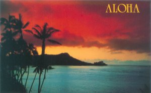 Aloha Hawaii Diamond Head Dramatic Sky  Chrome Postcard Unused