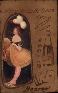 Unusual Leather Postcard Boston Burlesque Woman Drinking Gambling Dice Cigars