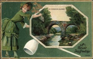 St Patrick's Day Pretty Woman Scenic Ireland Bridge Embossed c1910s Postcard