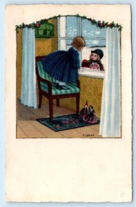 Artist Signed PAULI EBNER ~ Winter Scene CHILDREN & DOLLS 1934 Postcard